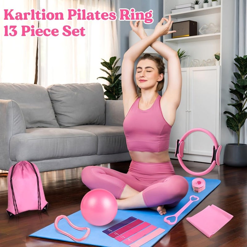 Karltion Pilates Ring 13 Piece Set,Pilates Kit for Women Exercise Equipment Accessories Deformation Magic Circle with Padded Handles, Workouts Ball, Guide & Bag, Resistance Bands for Legs Arms and Thighs - Image 4